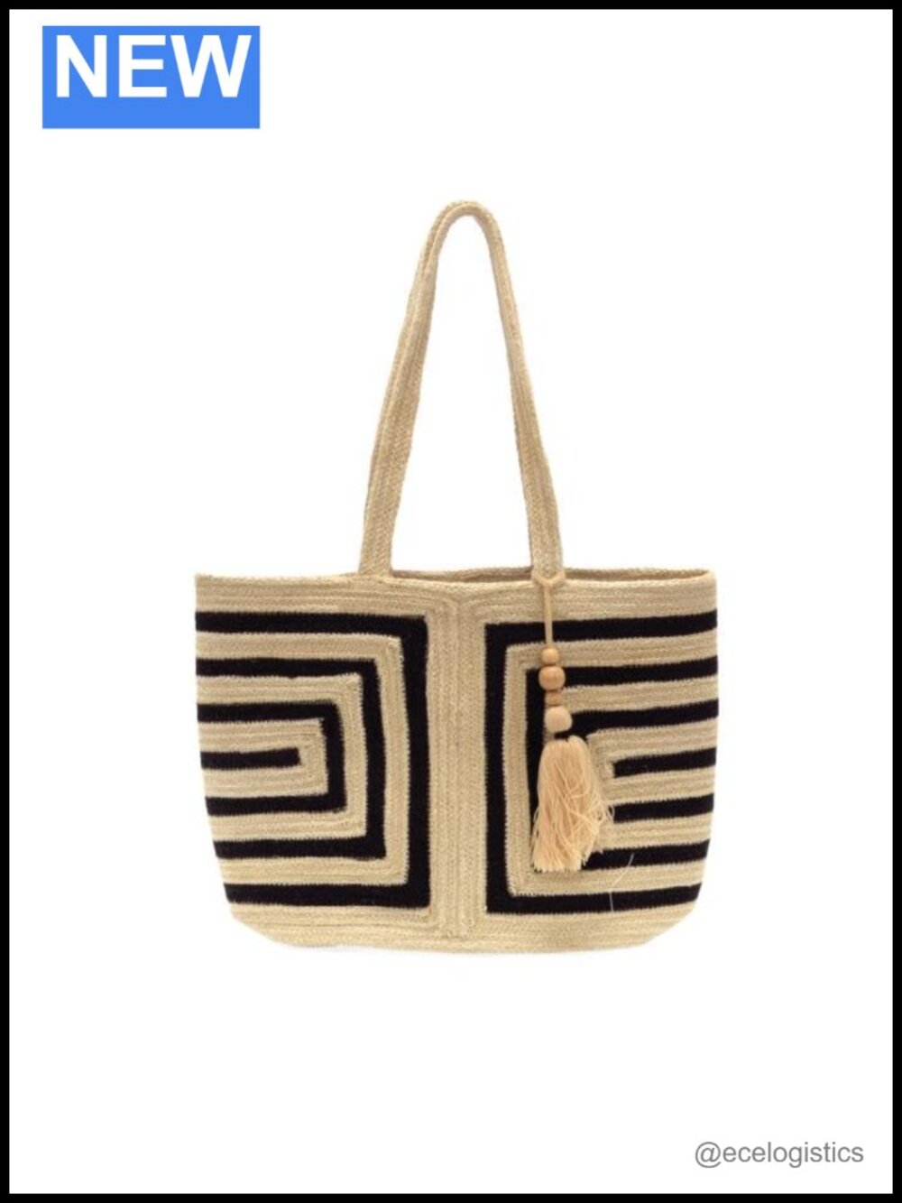 Jute Fiber Tote Handbag with Wood Bead Tassel Vegan Leather Accents